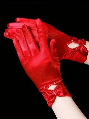 Elegant Red Satin Short Wrist Length Evening Gloves W/Bow & Faux Pearl Detail